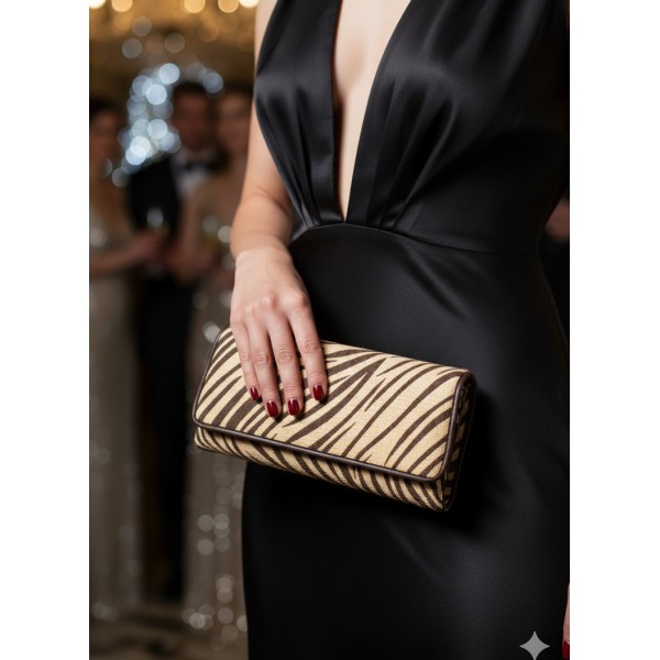 Evening Bag - Zebra Print w/ Flap - Brown - BG-92090BR